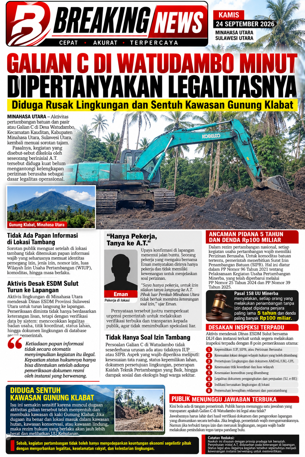 Galian C di Watudambo Minut Dipertanyakan Legalitasnya, Diduga Rusak Lingkungan dan Sentuh Kawasan Gunung Klabat
